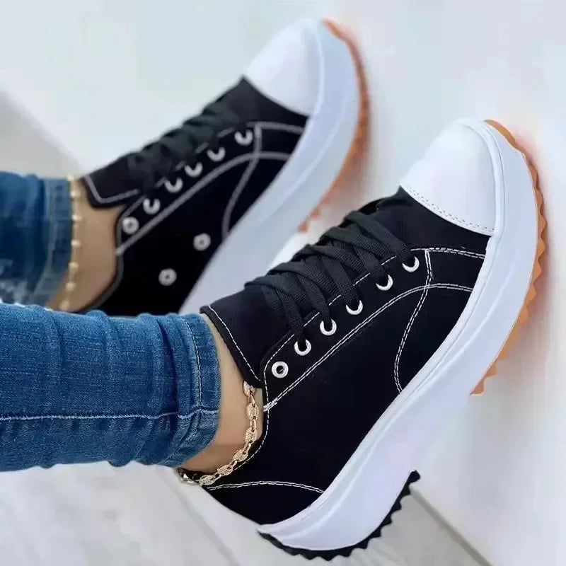 Women’s White Canvas Platform Sneakers – Casual Fashion Tennis Shoes