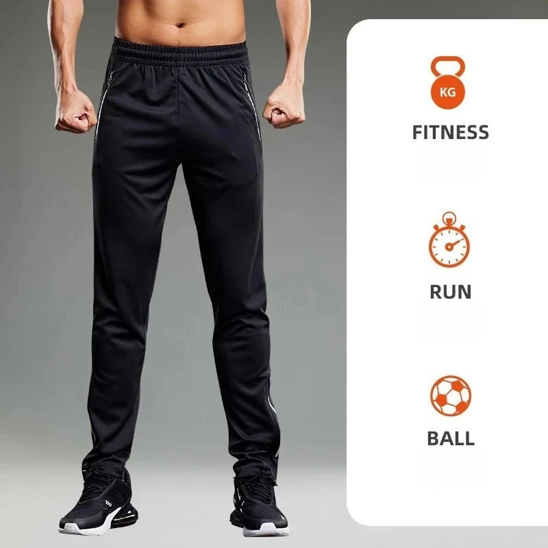 Person wearing black athletic pants with fitness, run, and ball icons on a gray background