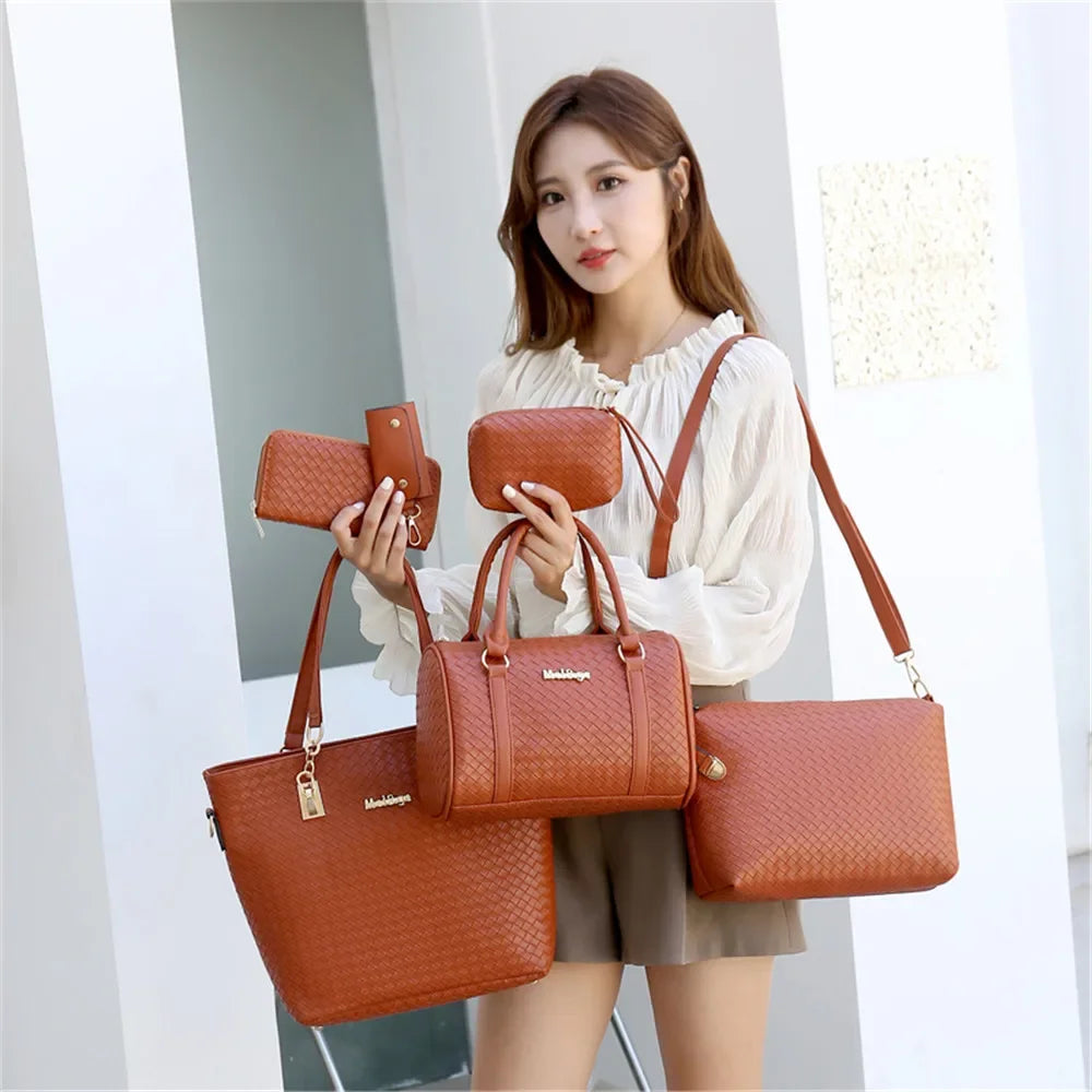 Libarrecy Fashion 6PC Handbag Set - Braid Shoulder Crossbody Tote
