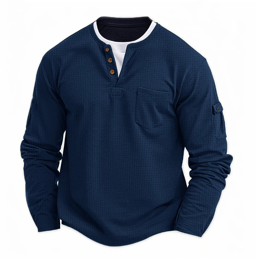 Men's New Henley Collar Shirt: Fake Two-Piece Waffle T-Shirt