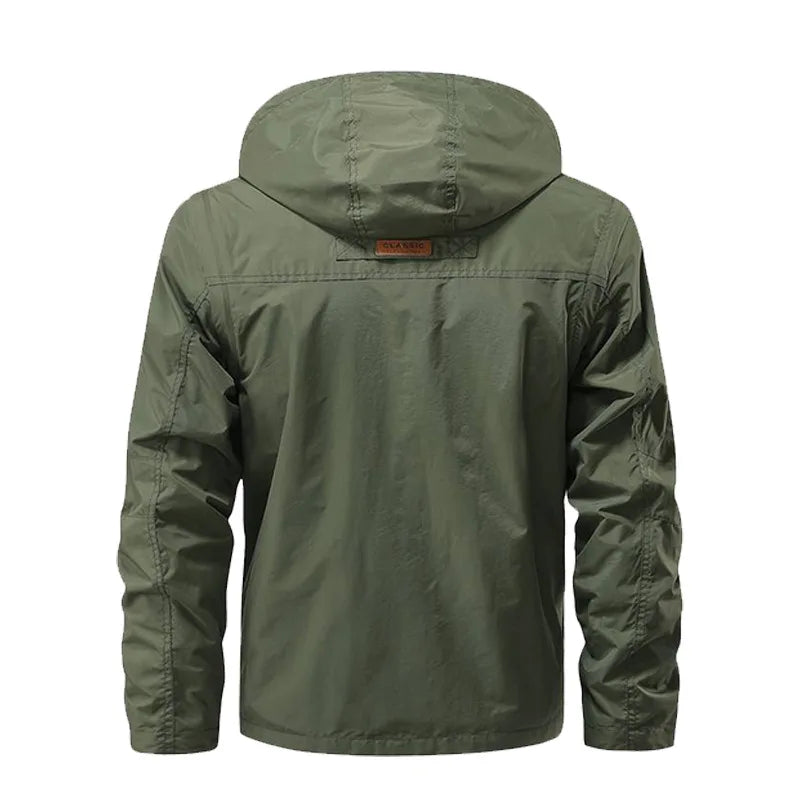 Green jacket with a hood on a white background