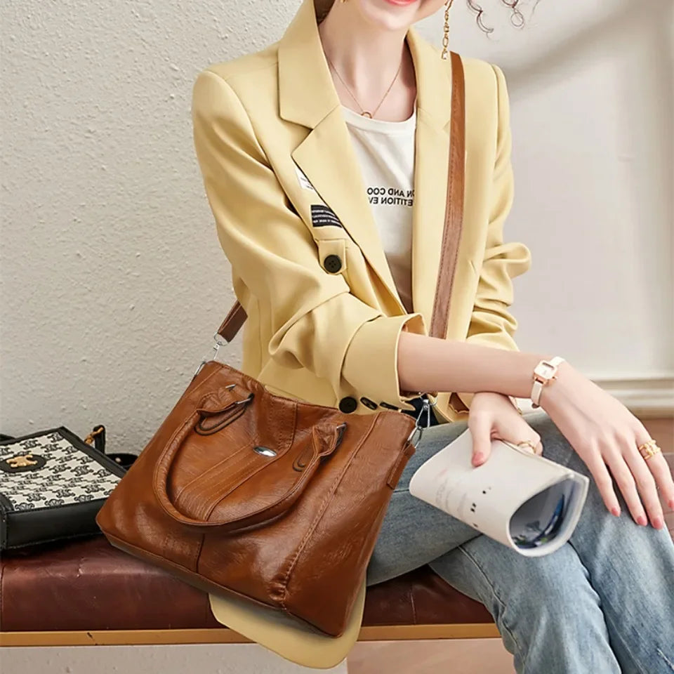 Vintage Soft Leather Handbag – Large Capacity Designer Shoulder Tote for Women