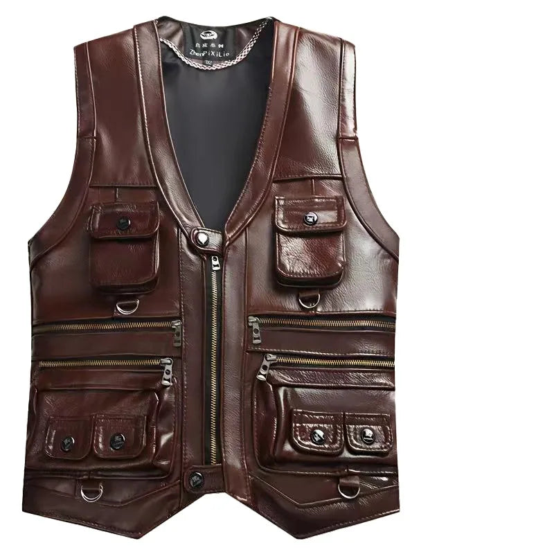 Men's Cowhide Genuine Leather Vest - Thick Motorcycle Biker Waistcoat