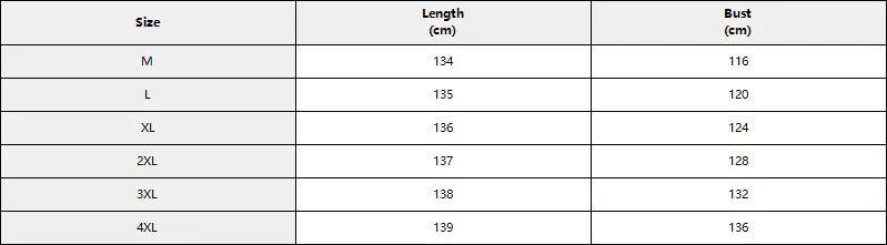 Table displaying clothing size chart with measurements in centimeters