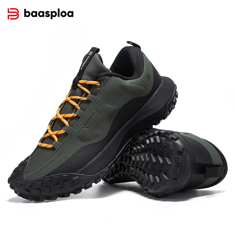 Green and black athletic shoes with orange laces on a white background, featuring the brand 'baasploa'.