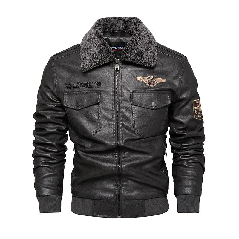 Retro Fur Collar Warm Men's Fleece Lined PU Leather Jacket Coat