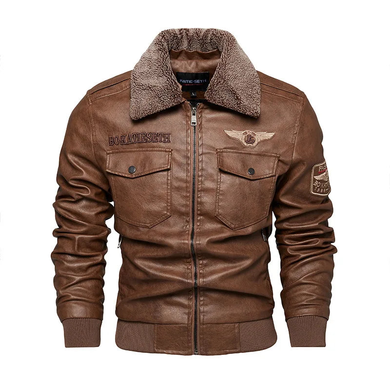 Retro Fur Collar Warm Men's Fleece Lined PU Leather Jacket Coat