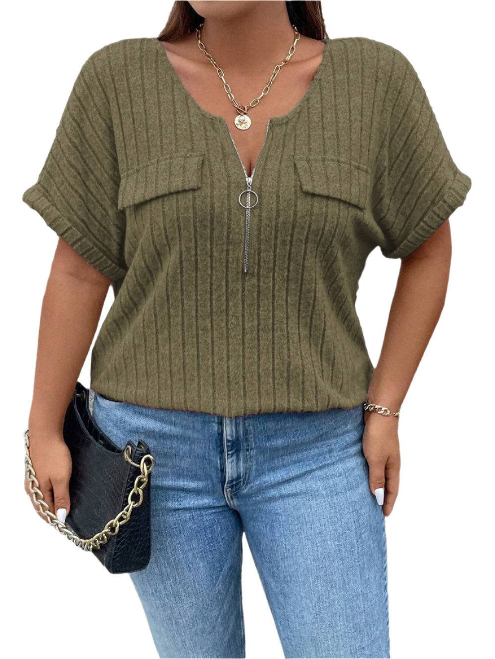 Women's Plus Size O-Ring Zip Front T-Shirt: Summer Rib Knit Top