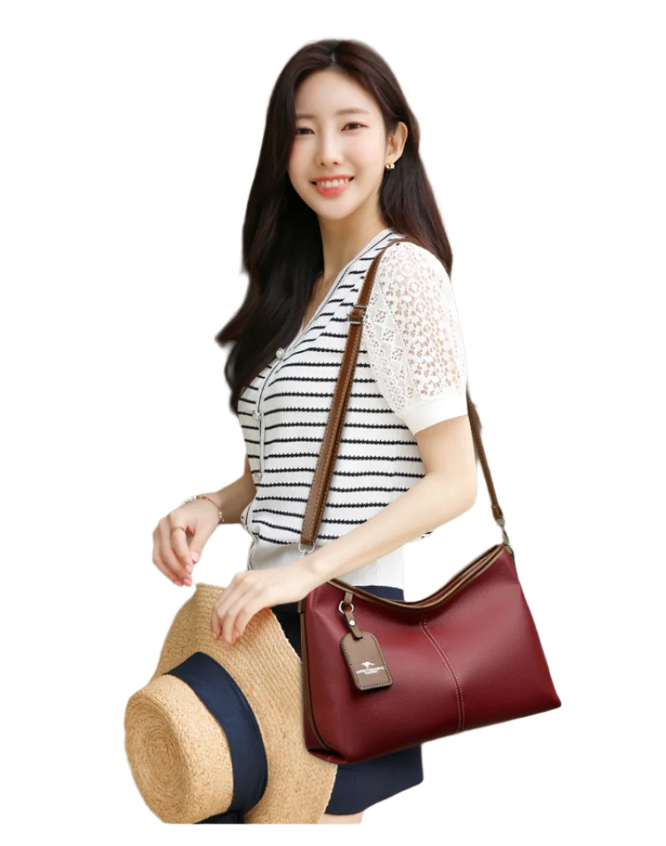 Soft PU Leather Shoulder Bag - Color Contrast Crossbody Tote for Women