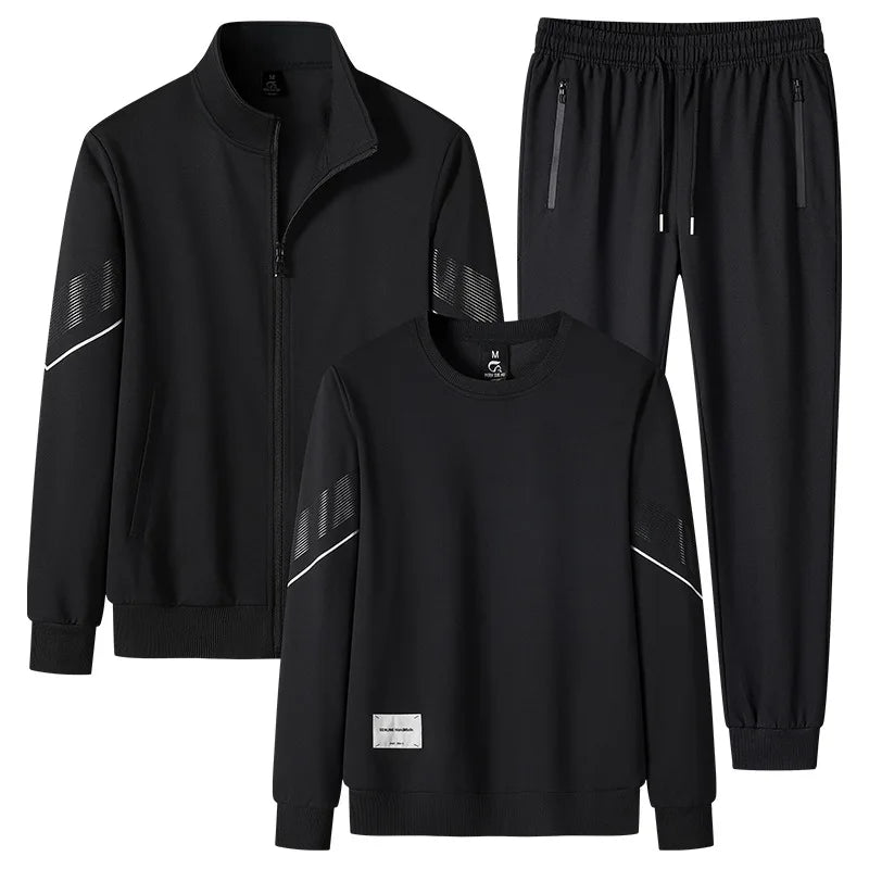 Black tracksuit with white accents on a white background