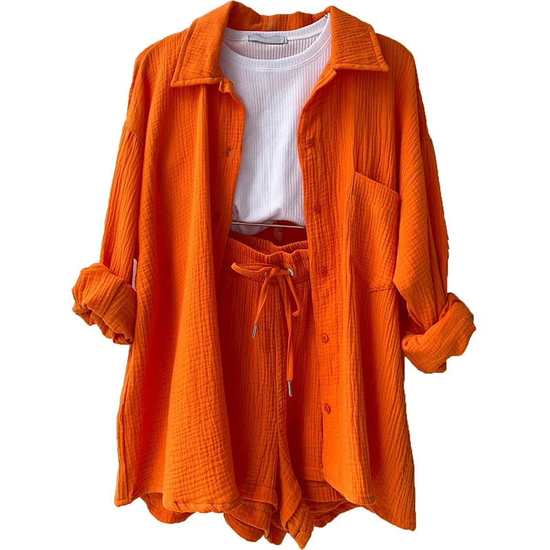 Women's Casual Shirt & Shorts Suit - Full Sleeve Spring/Summer Set