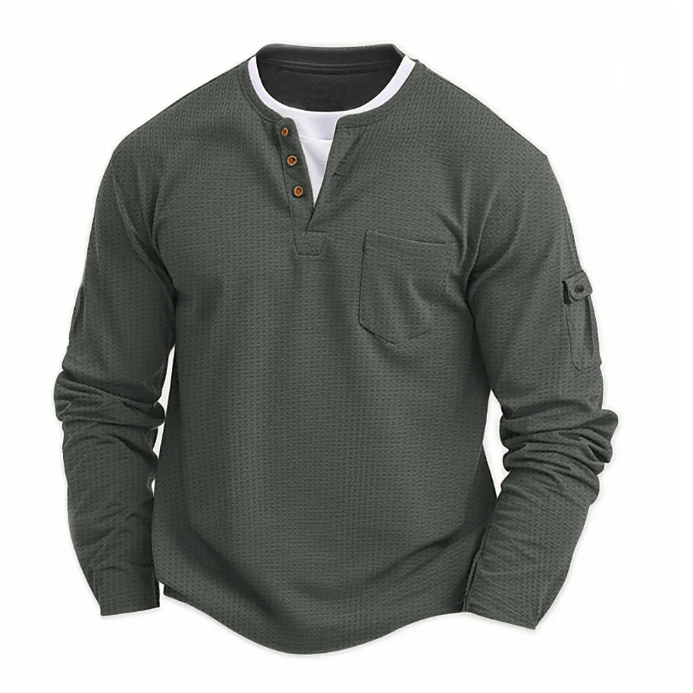 Men's New Henley Collar Shirt: Fake Two-Piece Waffle T-Shirt