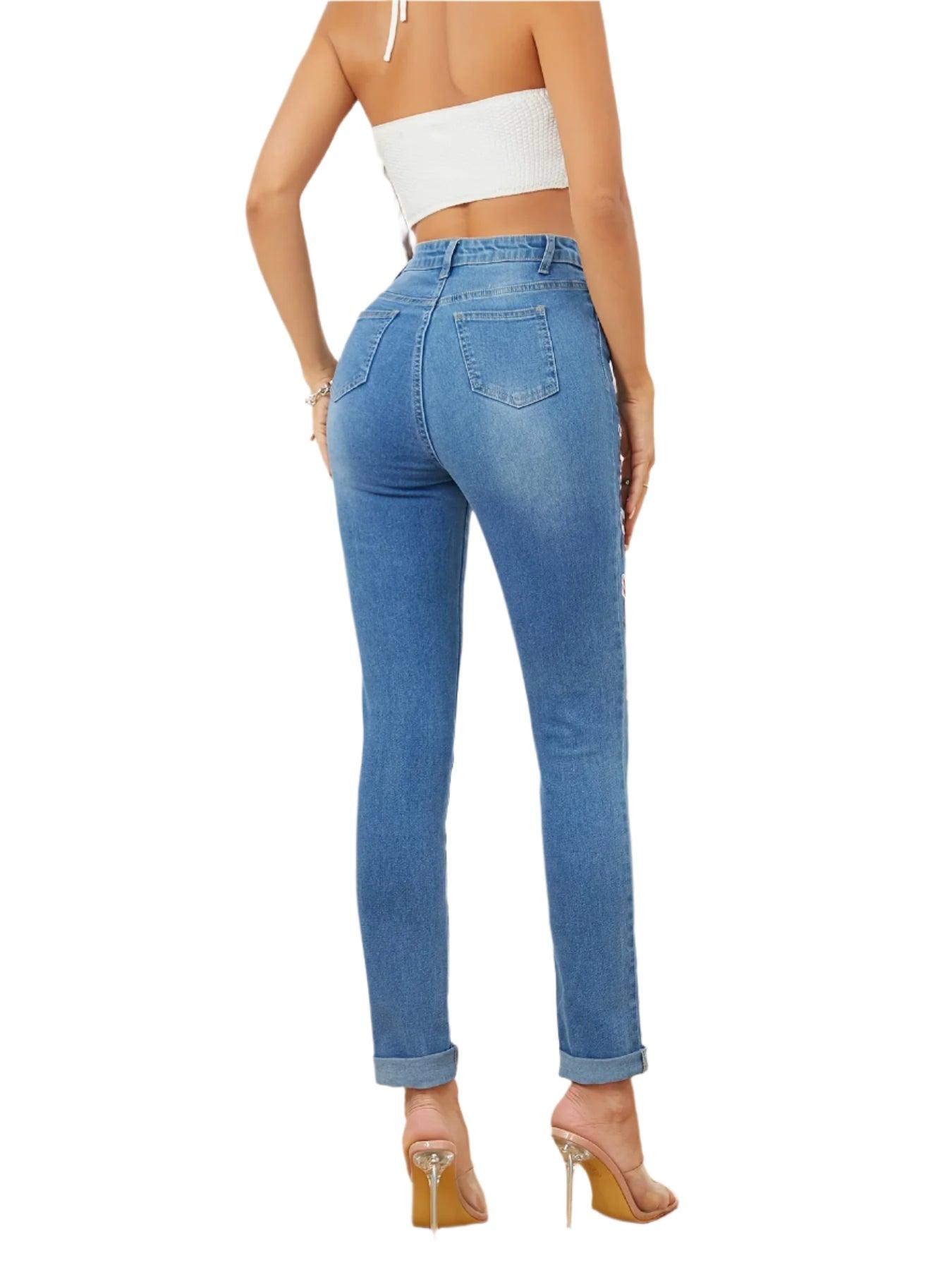 High Waist Embroidered Skinny Jeans | Stretch Denim Pencil Pants Women