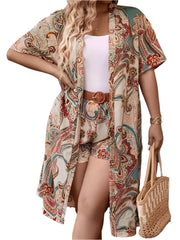 Plus Size Boho Print Kimono & Shorts Set - Summer Vacation Style