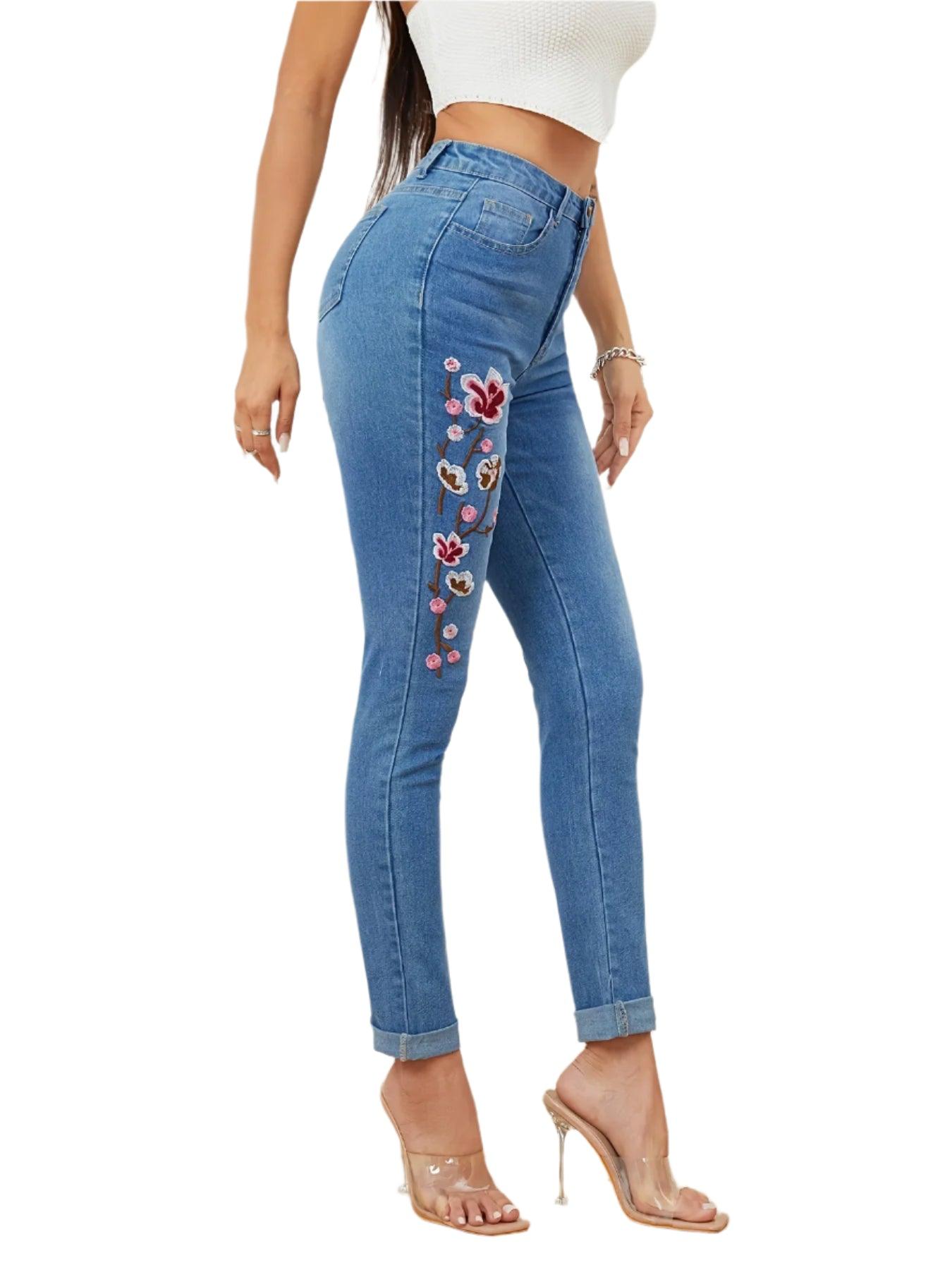 High Waist Embroidered Skinny Jeans | Stretch Denim Pencil Pants Women