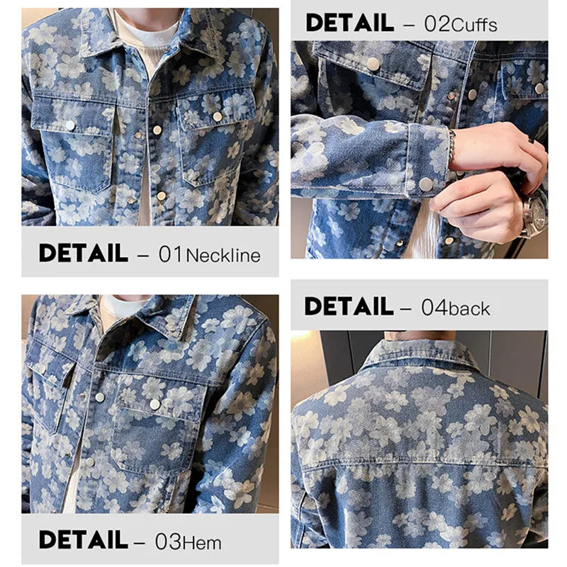 Men’s Blue Denim Jacket | Printed Trim Casual Coat M–4XL Sizes