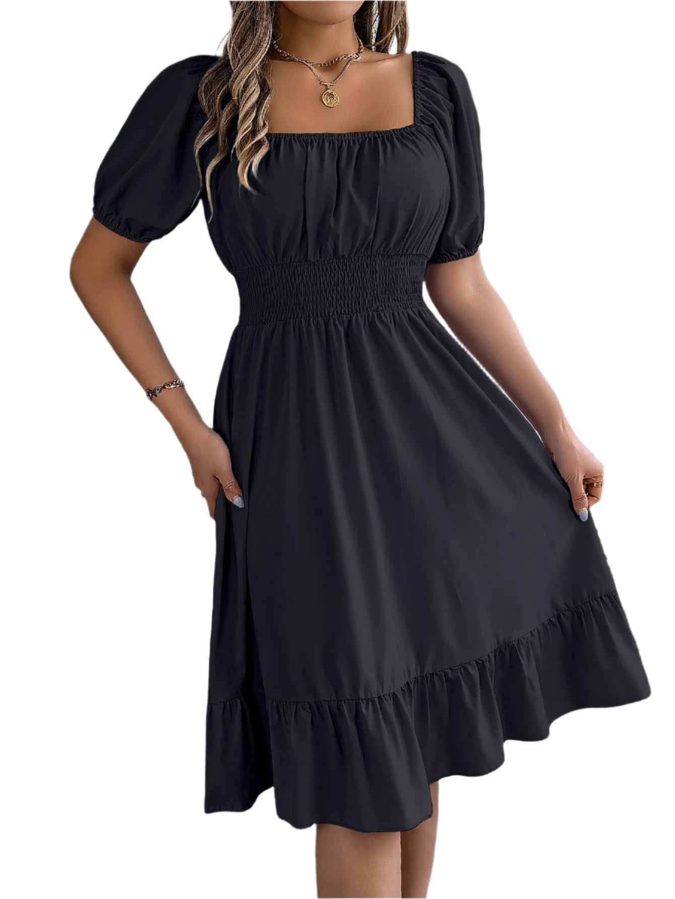 Elegant Square Neck Ruffled Dress – Spring Summer High Waist