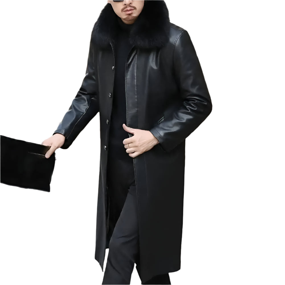 Men's Long Faux Leather Jacket: Fleece Lined, Removable Fur Collar