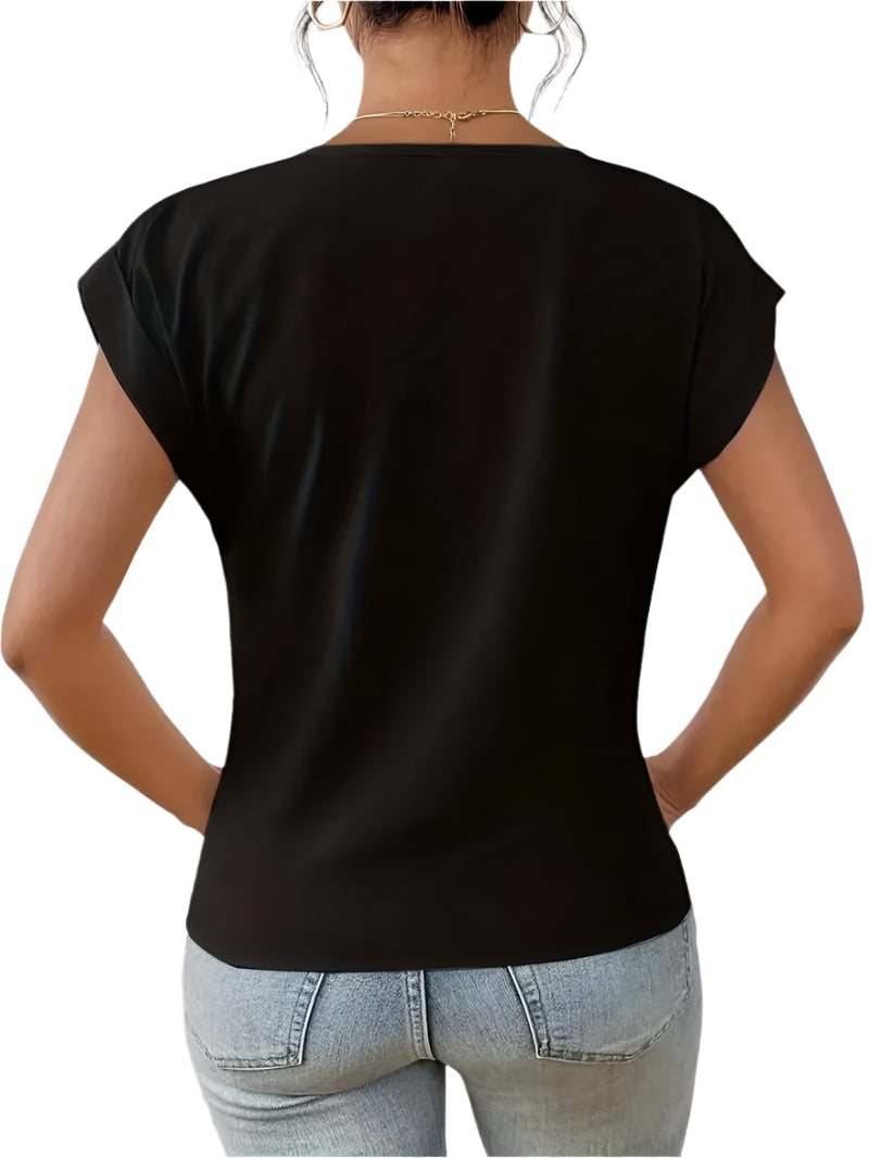 Fashion Pleated Hem V-Neck Tee – Women’s Summer Casual Office Top
