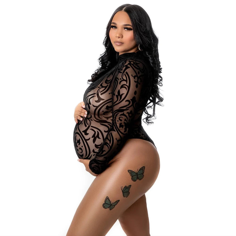 Full Sleeve Embroidered Flocked Maternity Bodysuit - High Neck