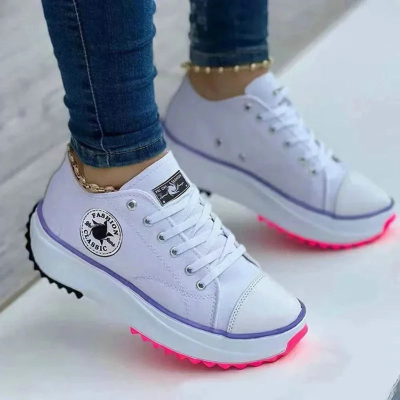 Women’s White Canvas Platform Sneakers – Casual Fashion Tennis Shoes