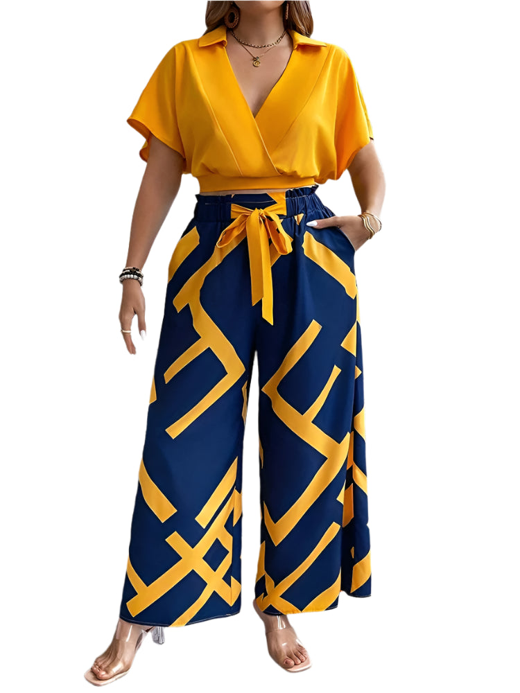 Plus Size 2PC Set - Print Crop Top & Wide Leg Trousers Summer