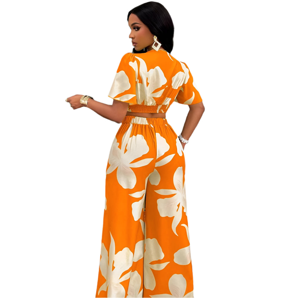 Women’s Elegant Two-Piece Pleated Butterfly Sleeve Top & Wide-Leg Lace-Up Pants