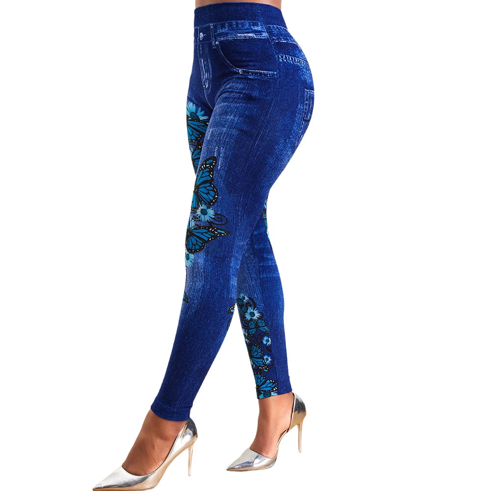 Plus Size High Waist Jeggings – Stretchy Denim-Look Print Leggings