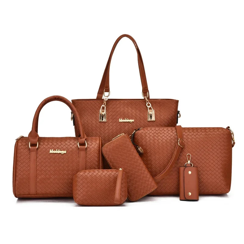 Libarrecy Fashion 6PC Handbag Set - Braid Shoulder Crossbody Tote
