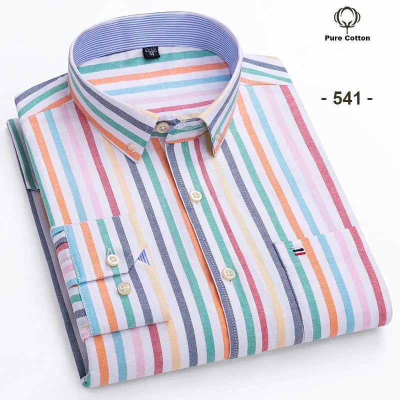 100% Cotton Oxford Men's Shirt - Plaid & Stripe Spring/Autumn Styles