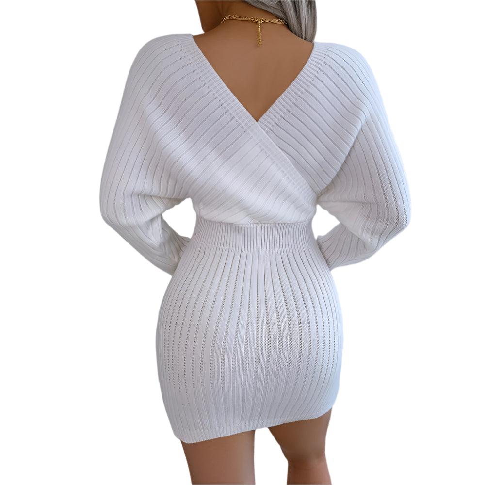 Autumn Winter V-Neck Knitted Wrap Dress – Slim Fit Mini for Casual Elegance - JVMCL