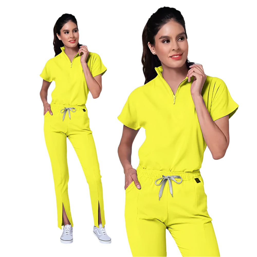 Zipper V-Neck Women’s 2-Piece Medical Scrubs Set with Pockets – Top + Pants