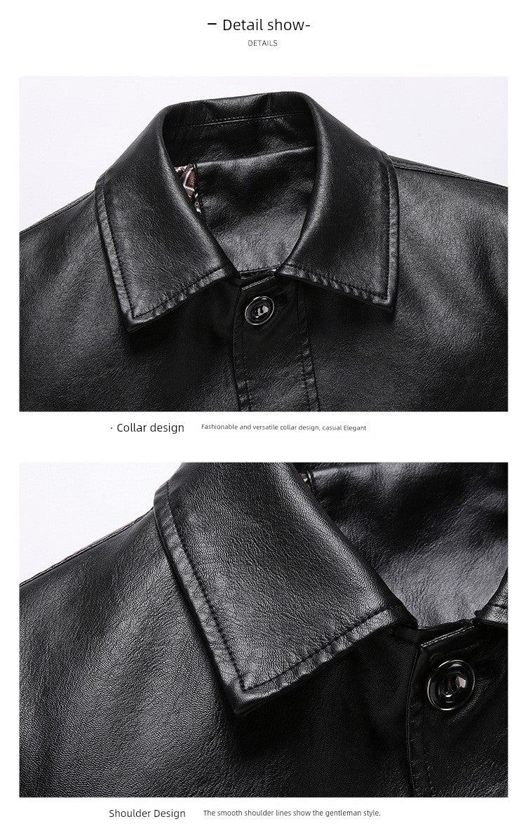 Korean Fashion Men's Warm Lapel Leather Jacket - Solid Color