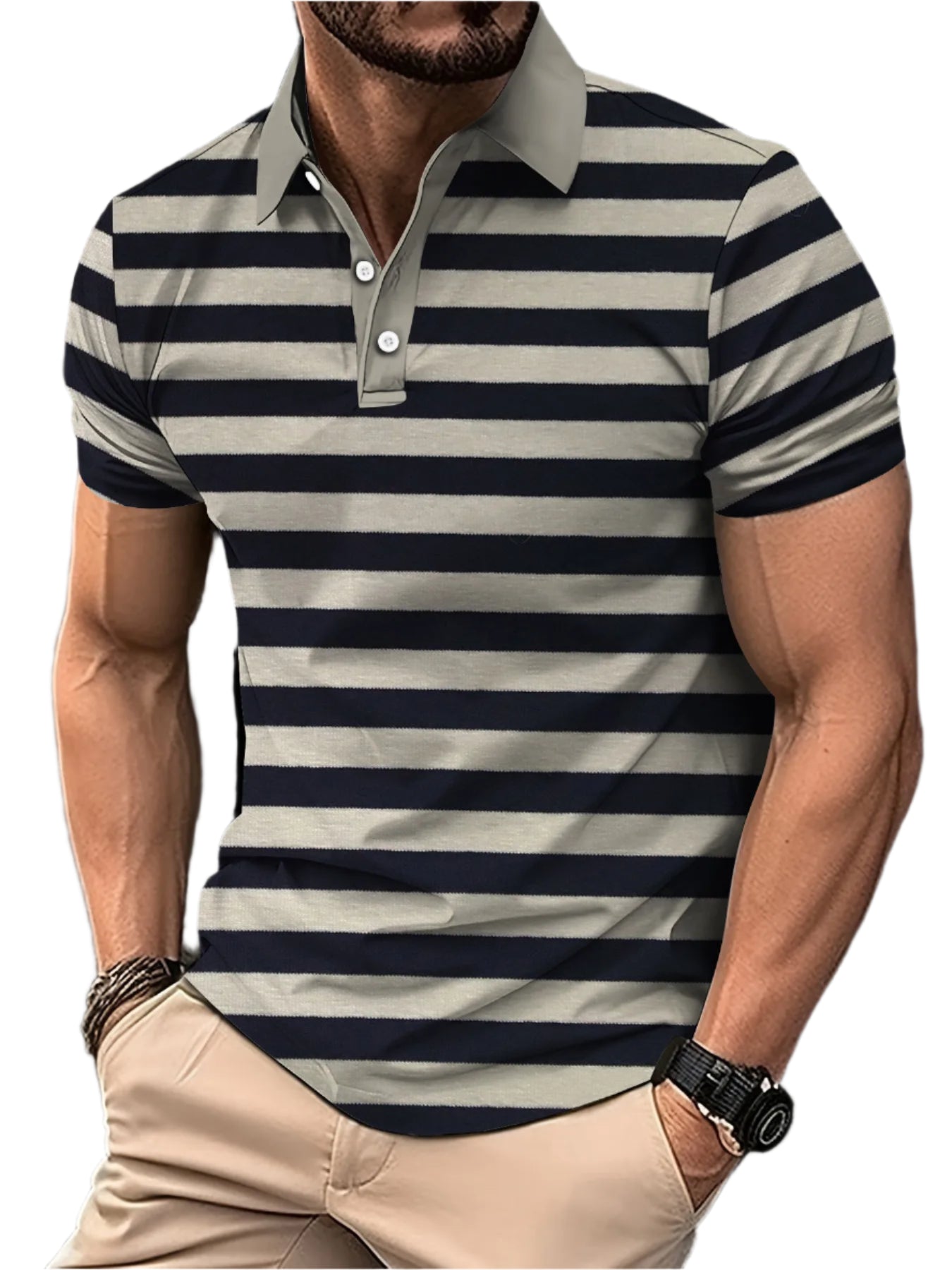 Men’s 3D Digital Print Striped Polo – Casual Oversized Top
