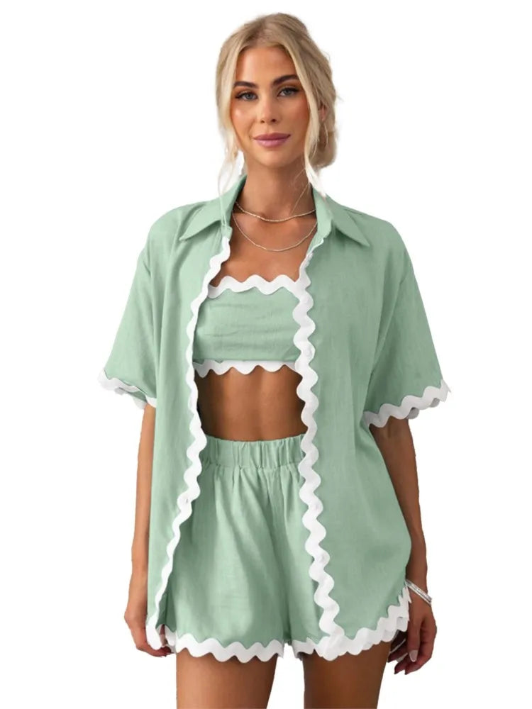 Women's Wave Splicing 2PC Set - Solid Color Short Sleeve Shorts