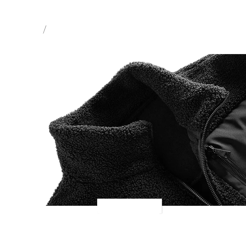 Close-up of a black jacket with textured collar on a white background, featuring text 'DETAILS SHOW' and 'NEW COLLECTION'.