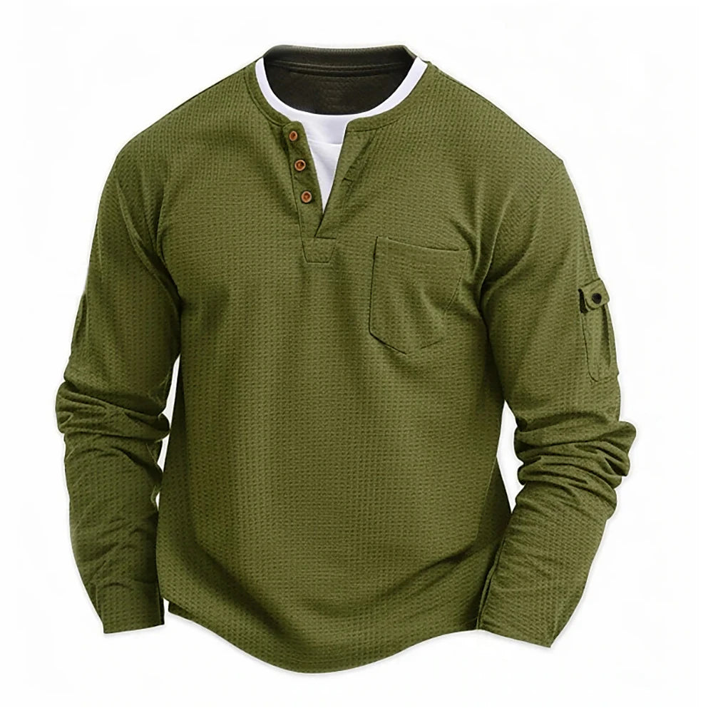 Men's New Henley Collar Shirt: Fake Two-Piece Waffle T-Shirt