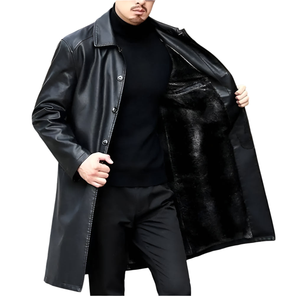 Men's Long Faux Leather Jacket: Fleece Lined, Removable Fur Collar