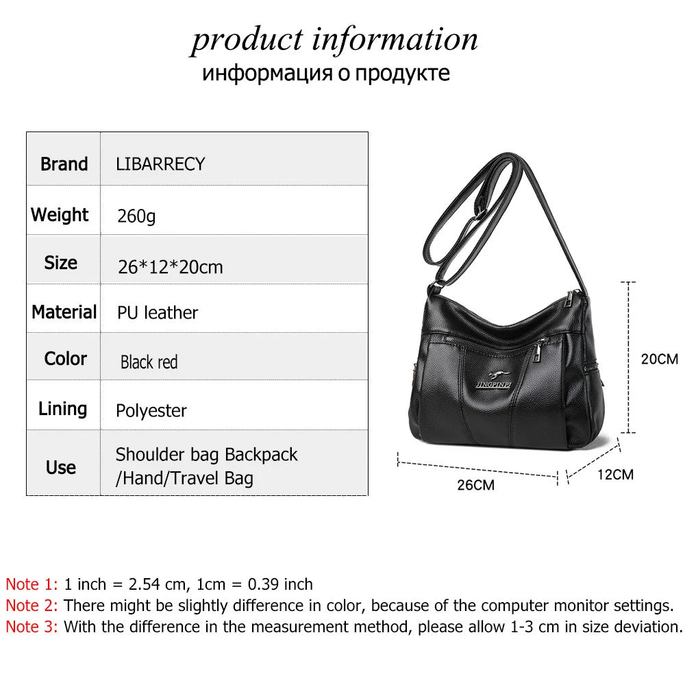 Black handbag with product information on a white background