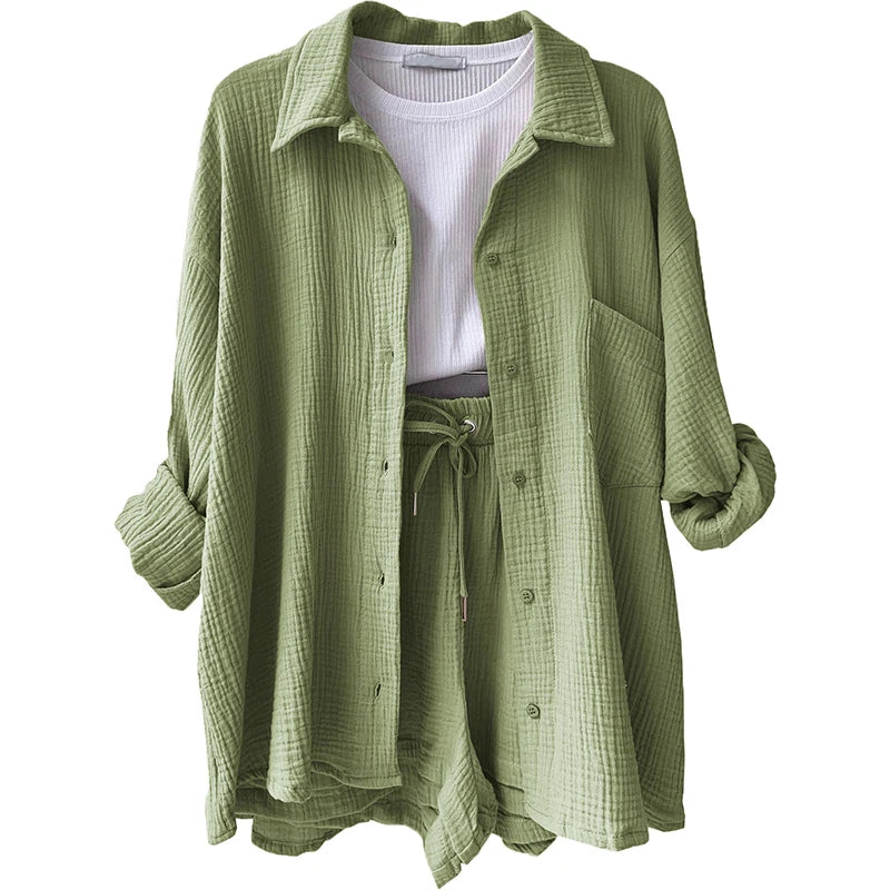 Women's Casual Shirt & Shorts Suit - Full Sleeve Spring/Summer Set
