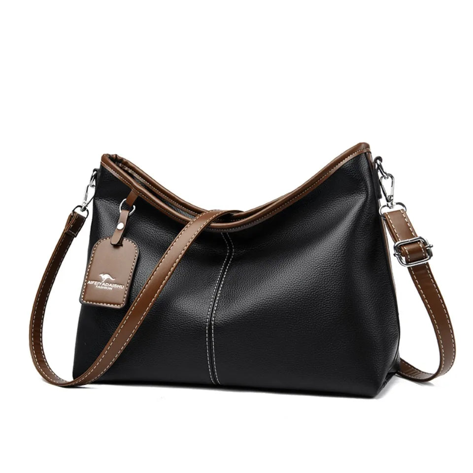 Soft PU Leather Shoulder Bag - Color Contrast Crossbody Tote for Women