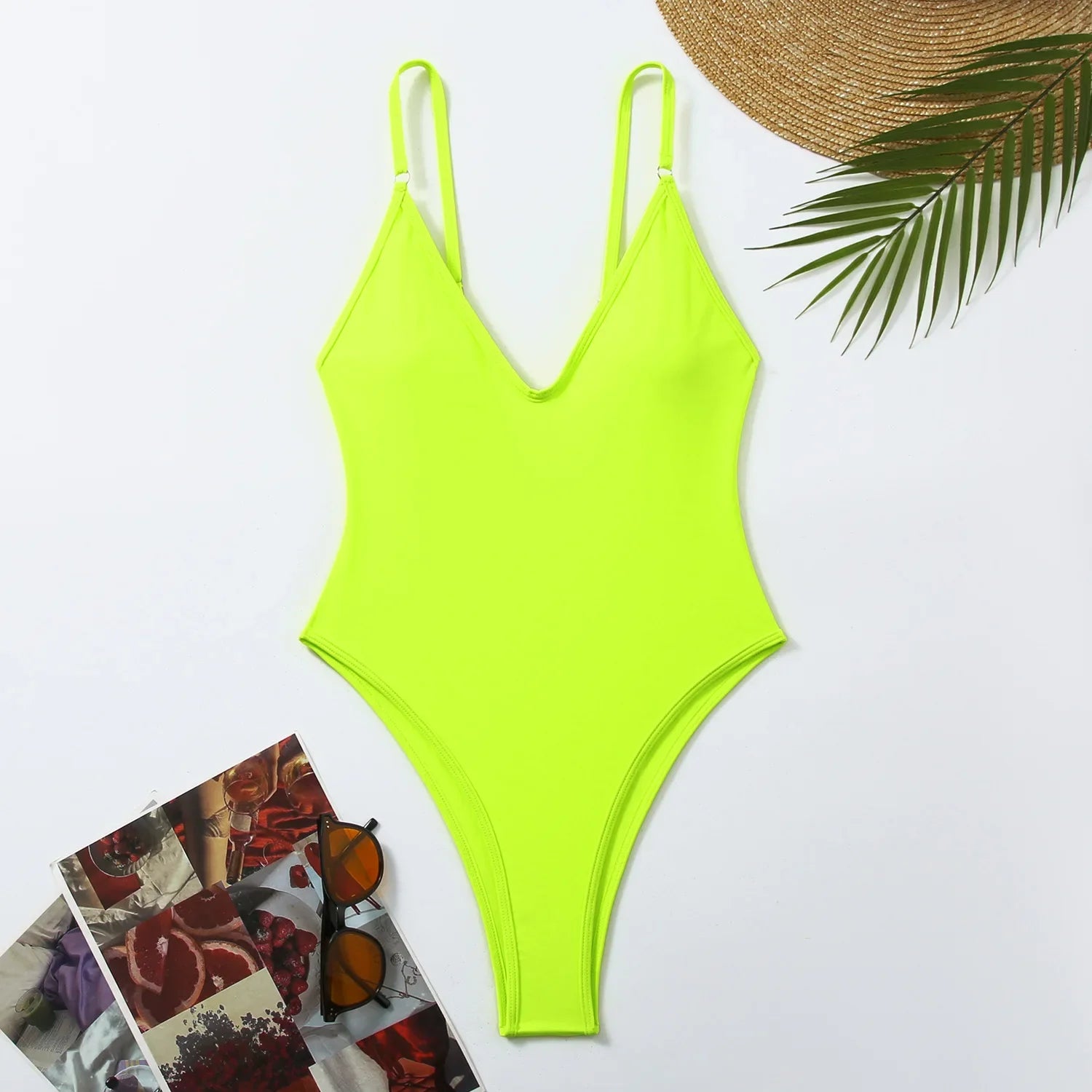New Sexy One Piece Swimsuit: Solid Neon Yellow Thong Monokini