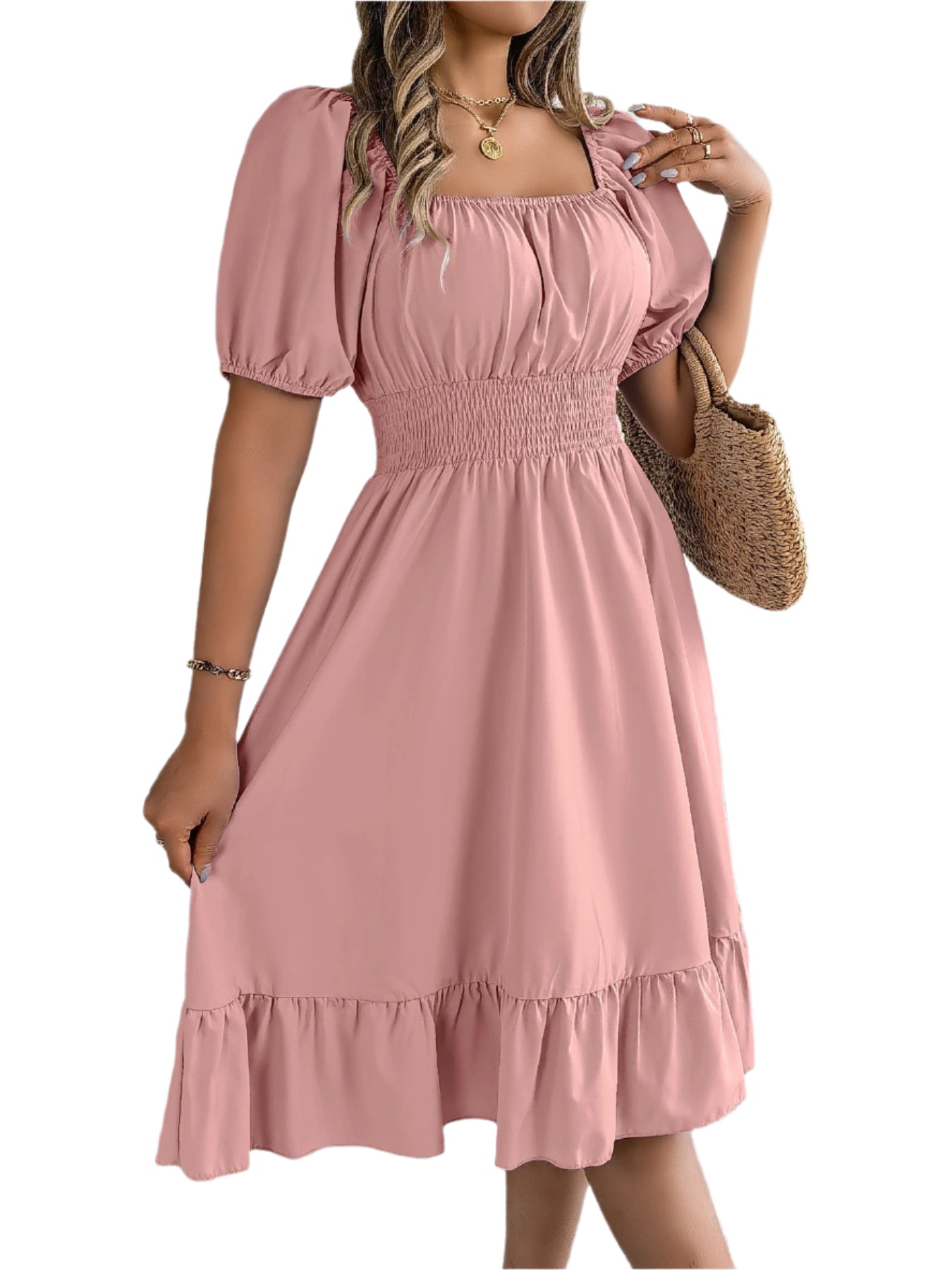 Elegant Square Neck Ruffled Dress – Spring Summer High Waist