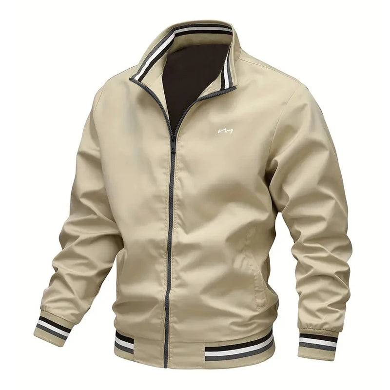 Beige jacket with black and white accents on a white background