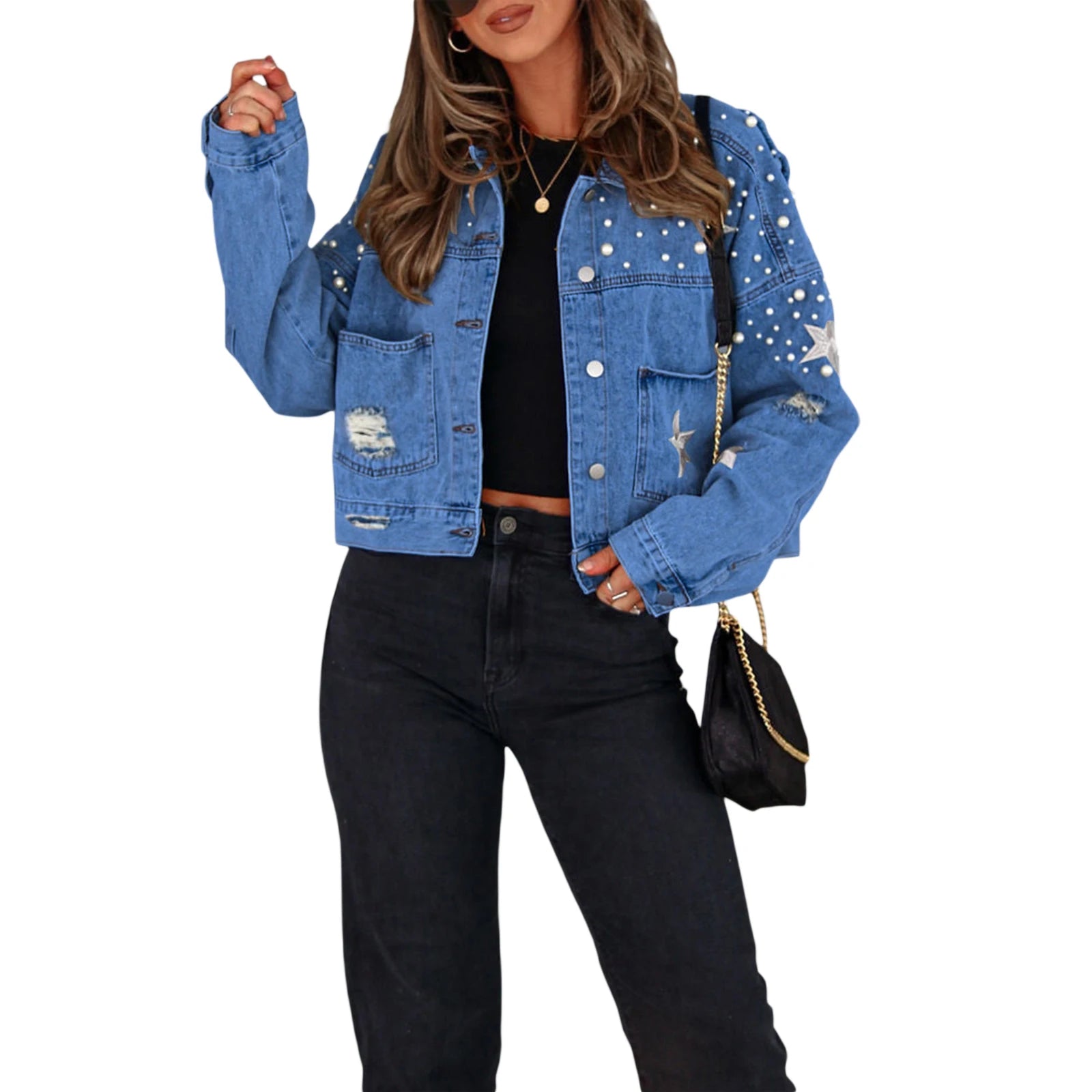 Women's Fall Denim Jacket - Star Print Back Long Sleeve Turn-Down Collar