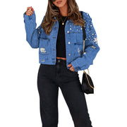 Women's Fall Denim Jacket - Star Print Back Long Sleeve Turn-Down Collar