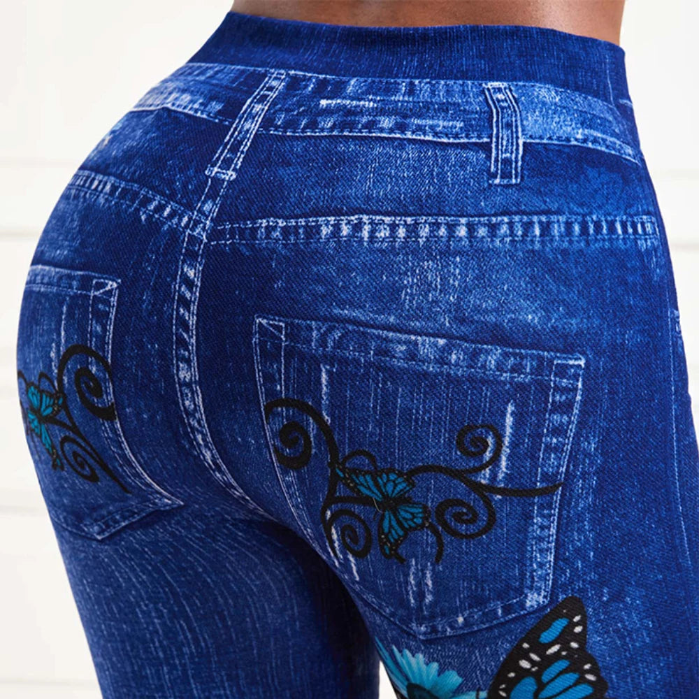 Plus Size High Waist Jeggings – Stretchy Denim-Look Print Leggings