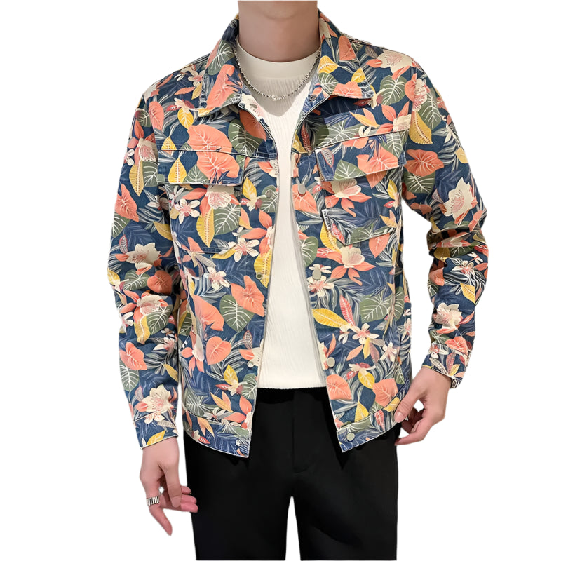Men’s Blue Denim Jacket | Printed Trim Casual Coat M–4XL Sizes