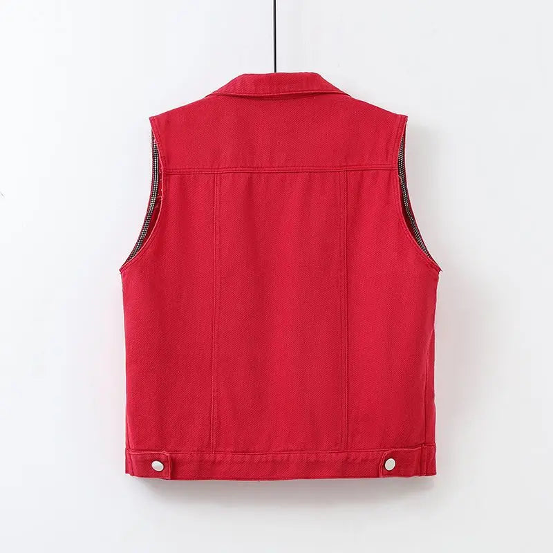 Colorful Beaded Denim Waistcoat – Women's Sleeveless Slim Fit Short Vest Jacket