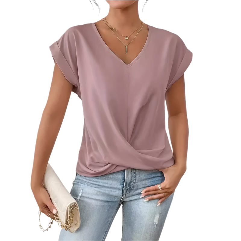 Fashion Pleated Hem V-Neck Tee – Women’s Summer Casual Office Top